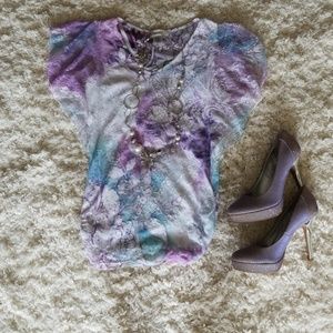 Lacey purple, blue, aqua top.